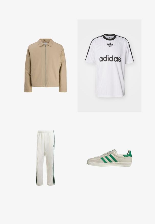 Giacca corta beige realizzata in tessuto liscio, con colletto a punta, zip frontale e due tasche laterali. Design semplice e linee pulite.; T-shirt bianco Adidas con dettagli neri, colletto rotondo e un grande logo nero sulla parte anteriore. Maniche corte con strisce nere. Tessuto testurizzato.; Pantaloni da ginnastica bianchi con strisce verdi sui lati, cintura elastica e un logo sulla parte superiore sinistra. Realizzati in tessuto leggero.; Sneaker beige con strisce verdi, con suola bianca e tomaia in pelle liscia. Vista laterale che evidenzia i dettagli dei lacci e il logo.