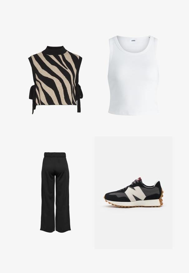 VILA VIRIL COLLAR - Pončo - black/beige; Bílý žebrovaný top na ramínka se kulatým výstřihem, bez rukávů a zkrácenou délkou. Název značky je "JJXX." Hladká struktura látky.; Černé široké kalhoty s elastickým pasem, vyrobené z hladkého materiálu. Disponují čistým designem bez kapes nebo viditelných švů.; Černé a šedé semišové tenisky s velkým krémovým logem "N", fialovými tkaničkami a strukturovanou gumovou podrážkou.