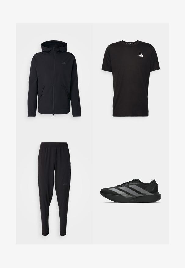 Svart zip-up hoodie med en slät textur, justerbar huva och två framfickor. Har en diskret logotyp på bröstet.; Svart bomullströja med korta ärmar, rundad halsringning och en vit logotyp på vänster bröst. Slät textur och enkelt design.; Svarta sportbyxor med elastisk midja, avsmalnande design, sidofickor och diskret logodetalj. Tillverkade av flexibelt, andningsbart tyg.; Svarta träningsskor med en lätt design, som har tre framträdande grå ränder, en slät yta och en formad sula.