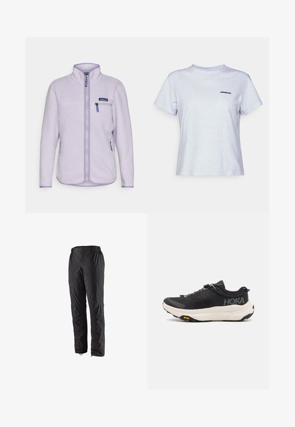 Svetlo vijolična flis jakna z visokim ovratnikom, zadrgo in kontrastnimi detajli zadrge. Ima žep na prsih in stranske žepe.; Svjetloplava pamučna majica s kratkim rukavima, okruglim izrezom i malim crnim logom s natpisom "patagonia" na lijevoj strani prsnog koša.; Črne vodoodporne hlače z elastiko v pasu, stranskimi žepi na zadrgo, zoženimi hlačnicami in gladko teksturo. Primerne za zunanje aktivnosti.; Črne športne copate z zračnim mrežastim zgornjim delom, gumijastim podplatom, belim blažilnim srednjim podplatom in odbojnimi vezalkami. Vibram logo na podplatu.