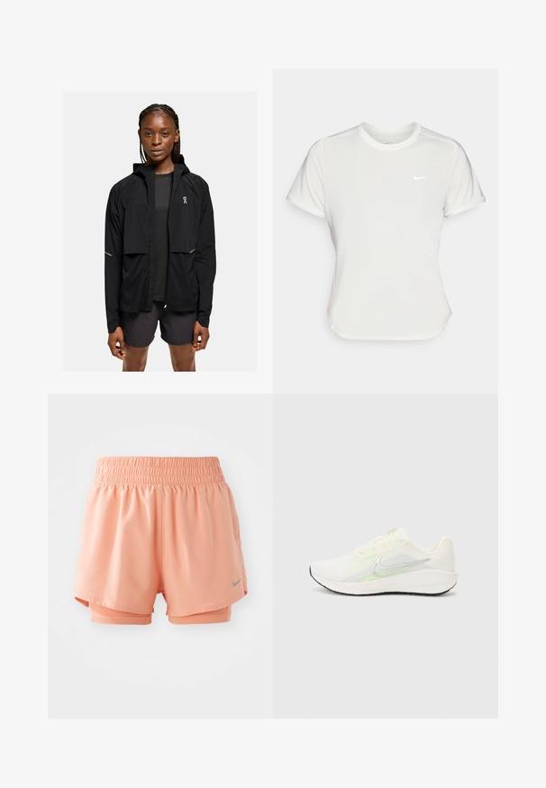 Black lightweight hooded jacket with a zip front, elastic cuffs, and reflective accents. Paired with a dark top and shorts, minimal design.; Nike T-shirt in white, short sleeves, round neckline, made from a smooth, lightweight fabric. Features a subtle logo on the chest.; Peach-colored athletic shorts with an elastic waistband, layered design, and gray logo accent. Made from smooth, lightweight material.; Nike Performance DOWNSHIFTER 13 - Road running shoes - sail/silver-coloured photon dust/summit white/barely volt/black