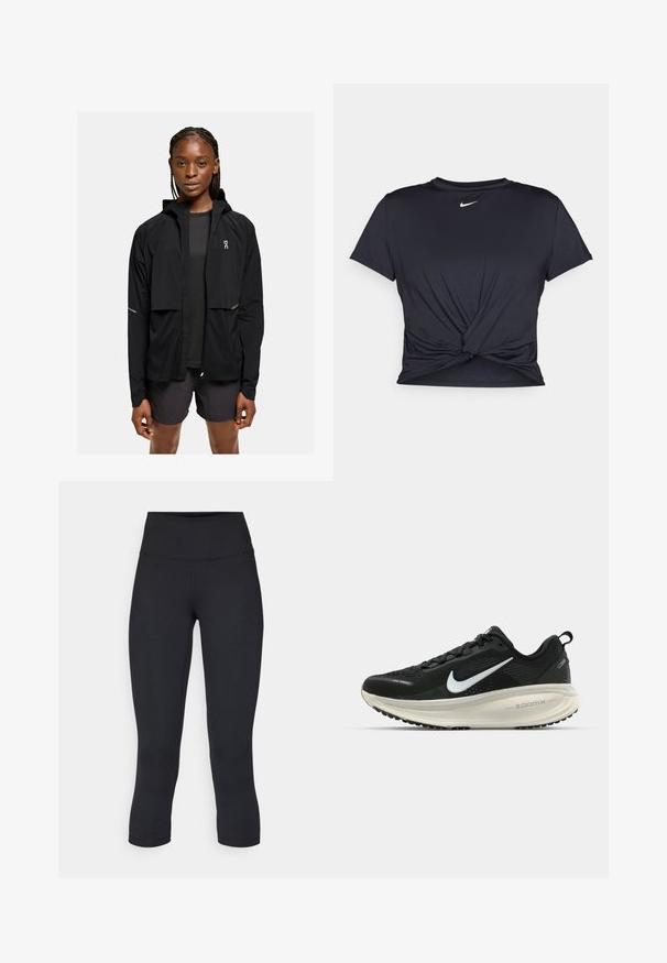 Veste légère noire à capuche avec un zip à l'avant, des poignets élastiques et des accents réfléchissants. Associée à un haut sombre et un short, design minimal.; T-shirt de sport noir en tissu lisse, avec un design avant noué et un petit logo Nike blanc sur la poitrine.; Leggings noirs coupés en tissu extensible, avec une taille haute et une texture lisse, sans motifs ni éléments visibles.; Baskets de course noir Nike avec tige respirante en mesh, logo swoosh blanc, détails texturés et semelle intermédiaire ZoomX de couleur crème.