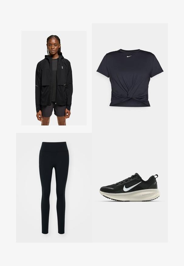 Sort letvægts hættetrøje med lynlås foran, elastiske manchetter og refleksdetaljer. Parret med en mørk top og shorts, minimalistisk design.; Sort atletisk t-shirt lavet af glat stof, med et knyttet frontdesign og et lille hvidt Nike-logo på brystet.; Sorte leggings lavet af strækbart materiale med en høj talje. Glat tekstur, tætsiddende design og ingen synlige dekorationer eller mønstre.; Sort Nike løbesko med åndbart mesh-overdel, hvidt swoosh-logo, tekstureret detaljering og en cremede ZoomX mellemsål.