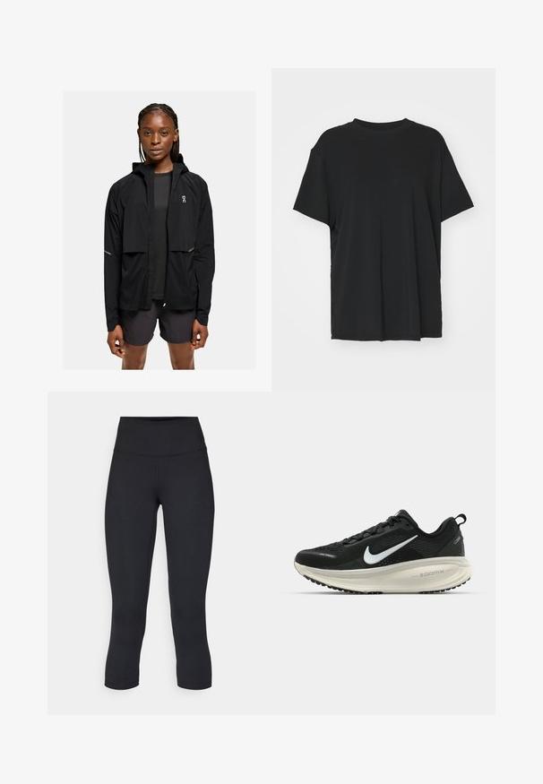 Schwarze, leichte Kapuzenjacke mit Reißverschluss vorne, elastischen Bündchen und reflektierenden Akzenten. Kombiniert mit einem dunklen Oberteil und Shorts, minimalistisches Design.; Schwarzes T-Shirt mit kurzen Ärmeln aus glattem Stoff, mit Rundhalsausschnitt und lockerer Passform. Verfügt über seitliche Schlitze für zusätzlichen Komfort und Atmungsaktivität.; Schwarze, cropped Leggings aus dehnbarem Material, mit einem hohen Bund und glatter Textur, ohne sichtbare Muster oder Hardware.; Schwarzer Nike-Laufschuh mit atmungsaktivem Mesh-Obermaterial, weißem Swoosh-Logo, strukturierten Details und einer cremefarbenen ZoomX-Zwischensohle.