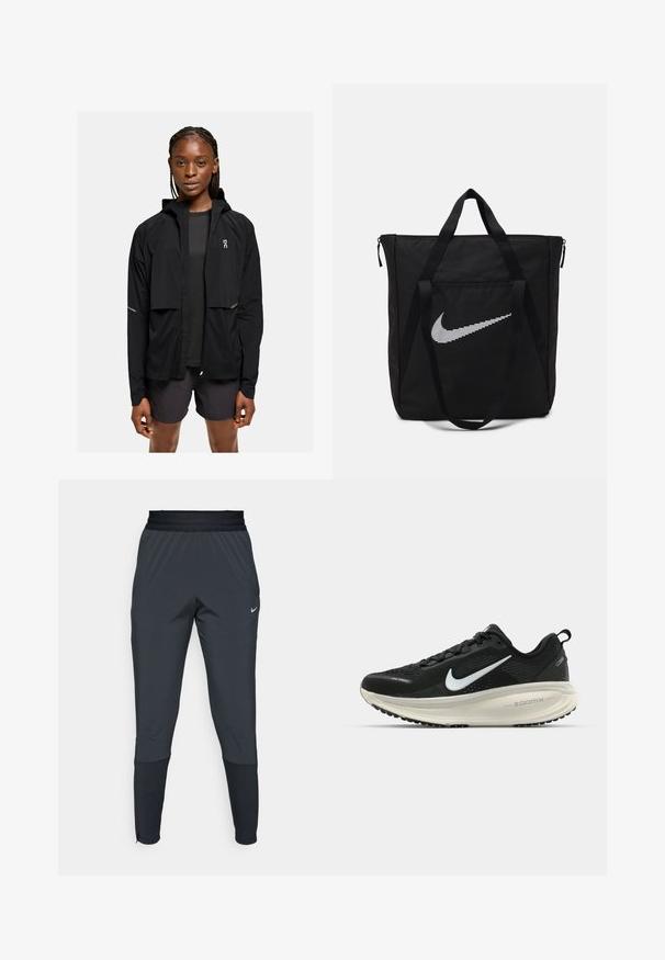 Fekete, leicht súlyú kapucnis dzseki, cipzárral elöl, rugalmas mandzsettával és fényvisszaverő részletekkel. Sötét felsővel és rövidnadrággal párosítva, minimál dizájn.; Fekete sportos crop top, elöl cipzárral, hálós kiegészítőkkel és testhez álló kialakítással. Rugalmas, lélegző anyagból készült. Nike logó elöl.; Nike sportnadrág sötétszürke színben, szűkített lábakkal, rugalmas derékpánttal és díszítésekkel a szárak közelében.; Fekete Nike futócipő légáteresztő hálós felsőrésszel, fehér Swoosh logóval, textúrázott részletekkel és krém színű ZoomX középtalppal.; Fekete nejlon bevásárlótáska két erős fogantyúval és cipzárral. Jellemzője egy kiemelkedő fehér Nike pipa logó vízszintes csíkozott kialakításban.