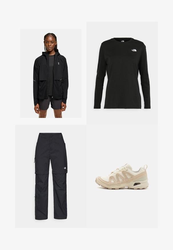 Sort letvægts hættetrøje med lynlås foran, elastiske manchetter og refleksdetaljer. Parret med en mørk top og shorts, minimalistisk design.; Sort langærmet t-shirt lavet af bomuld med rund hals. Har et lille hvidt logo på venstre brystområde. Enkel design og pasform.; Sorte nylon cargo bukser med lynlås, justerbare manchetter, flere lommer og et logo på højre ben. Glat, let tekstur.; Beige og creme atletiksko med struktureret mesh-overdel, støttende overlays og gummiyderside med et mønster for trækkraft.