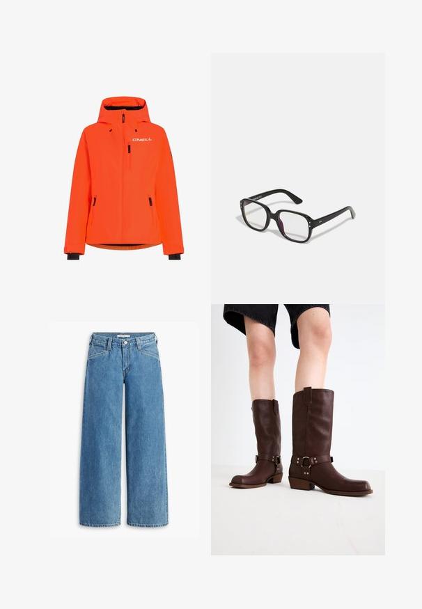 Lys orange vandtæt jakke med hætte, to lynlåsforlommer og sorte detaljer ved manchetter og kant. Har O'NEILL-logo på brystet.; Grå cropped sweater med høj krave, ribbede mansjetter og kant, samt droppede skuldre. Blød tekstur med minimale sømme.; Lysblå bredbenede jeans lavet af denim, med høj talje, fem lommer og en klassisk knaplukning. Lige snit fra lår til kant.; Brune læder knæhøje støvler med rund tå, struktureret overflade, ankelrem og sølvhardware detaljer; stablet hæl.; Sorte rektangulære briller med klare linser, der har afrundede kanter og sideaccenter, med en blank finish på stellet og arme.; Sort læder hobo taske med en blød, buet form. Har en bred toprem og rynker i bunden for en afslappet struktur.