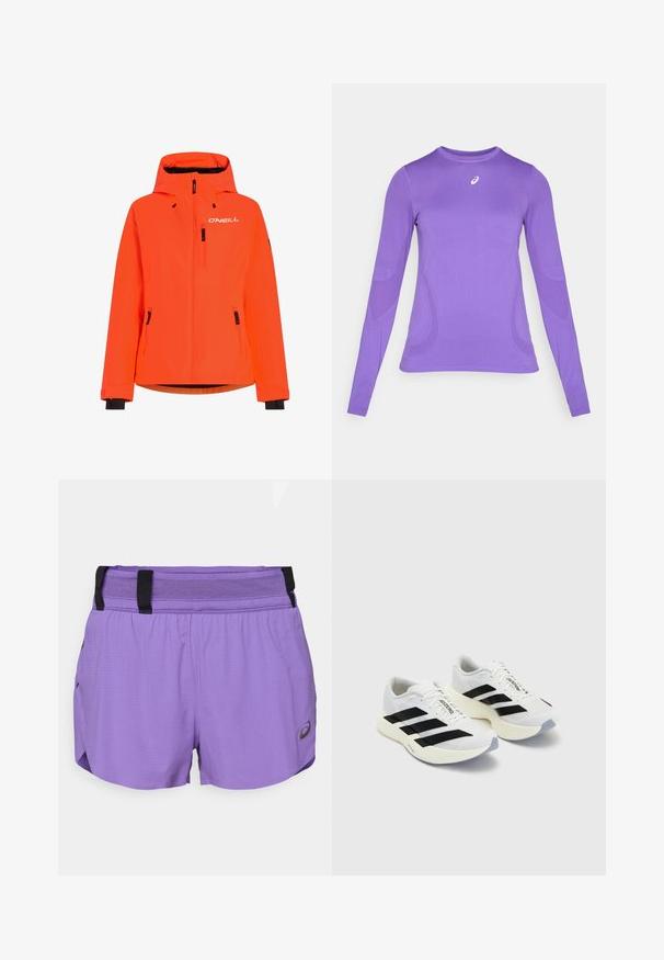 Chaqueta impermeable de color naranja brillante con capucha, dos bolsillos frontales con cremallera y detalles en negro en los puños y dobladillo. Presenta el logo de O'NEILL en el pecho.; Camiseta atlética de manga larga en tejido de color púrpura claro, con un diseño ajustado, cuello redondo y una textura sutil con detalle del logo en el pecho.; ASICS METARUN SPLIT SHORT - Pantalón corto de deporte - edo purple; Zapatillas deportivas blancas con rayas y logotipo en negro, que cuentan con una parte superior de malla, puntera redondeada y una suela gruesa color crema para mayor amortiguación.