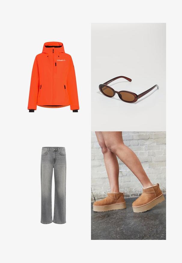 Světlá oranžová nepromokavá bunda s kapucí, dvě přední kapsy na zip a černé akcenty na manžetách a spodním lemu. Obsahuje logo O'NEILL na hrudi.; Bílý krátký rukáv tričko vyrobené z bavlny. Má kulatý výstřih a volný střih. Hladký materiál bez viditelných vzorů nebo akcentů.; Široké denimové džíny v šedé barvě, s vysokým pasem, pěti kapsami, zapínáním na přední knoflík a jemným vyblednutím látky.; Hnědé semišové kotníkové boty s měkkou podšívkou, silnou béžovou platformou a zadním poutkem. Texturovaný povrch s viditelnými švy.; Kulaté sluneční brýle hnědé barvy s lesklým burgundským rámem. Úzké nožičky s jemným logem. Rovné čočky.; Tmavě hnědá trojúhelníková kabelka z tkané kůže s jedním pleteným uchopem a viditelným jezdcem zipu na jedné straně.