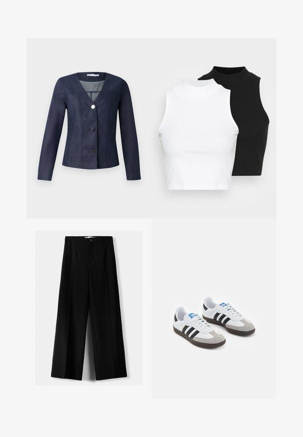 Jachetă din denim albastru marin cu decolteu în V, mâneci lungi, design ajustat și trei nasturi negri pe față. Prezintă detalii cu cusături verticale.; Două bluze fără mâneci, cu guler înalt, în culorile negru și alb, având un design ajustat și o textură netedă, cu o lungime scurtă.; Pantaloni negri cu picior larg, fabricați dintr-un material ușor, cu închidere frontală cu nasture și față plată, având tivuri cusute cu atenție.; Încălțăminte sport cu un superior din piele albă, vârf din suede gri și trei dungi negre. Prezintă un logo albastru pe limbă și o talpă din cauciuc texturat.