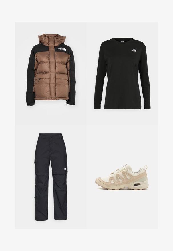 Brun och svart puffjacka med hög krage, dragkedja fram och logotyp på övre vänstra sidan. Har två stora framfickor och justerbara ärmslut.; Svart långärmad t-shirt i bomull med rund hals. Har en liten vit logotyp på vänster bröstområde. Enkelt design och passform.; Svarta nylonbyxor med avtagbara ben, justerbara muddar, flera fickor och en logotyp på högra benet. Slät, lätt textur.; Beige och krämfärgad atletisk sko med texturerad meshovandel, stöttande överdrag och gummisulor med ett mönster för grepp.