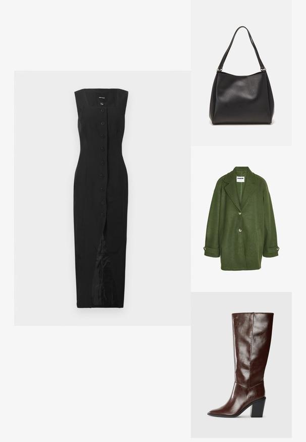 Zaļš vilnas maisījuma mētelis ar iegriezto apkakli, divām priekšējām kabatām un trim pogām. Iezīmē brīvu piegriezumu un sarullētus piedurknes.; Melna bez piedurknēm midi kleita ar kvadrātveida dekoltē, priekšējo pogu aizdari un centrālo šķēlumu, attēlota uz vienkārša baltā fona.; Augsta, tumši brūna ādas zābaks ar izstieptu pirkstu un sakrautu bloku papēdi, attēlota no sāna uz vienkārša fona.; Melna sintētiskā ādas rokas soma ar mīkstu tekstūru, hobo formas un divām plecu siksnām; iezīmējas ar spīdīgu apdari un minimālistisku dizainu.