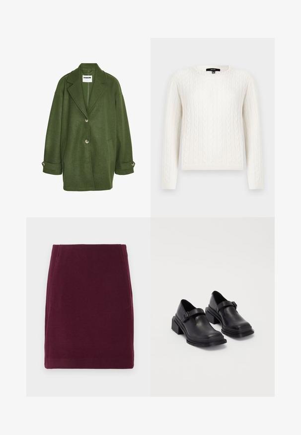 Zelena plašč iz volnene mešanice z zareznim ovratnikom, dvema sprednjima žepoma in tremi gumbi. Ima ohlapen kroj in zavite manšete.; Bela pulover iz pletenine z dolgimi rokavi, okroglo ovratnico in okrasnim bisernim detajlom pri ovratniku. Mehka tekstura in prilagojen dizajn.; Vero Moda VMFORTUNALLISON SHORT - Krilo A-kroja - winetasting; Črne usnjene čevlje z zaobljenim nosom, ravnim podplatom in trakcem z zaponko. Debel blokasti petnik za dodatno stabilnost.