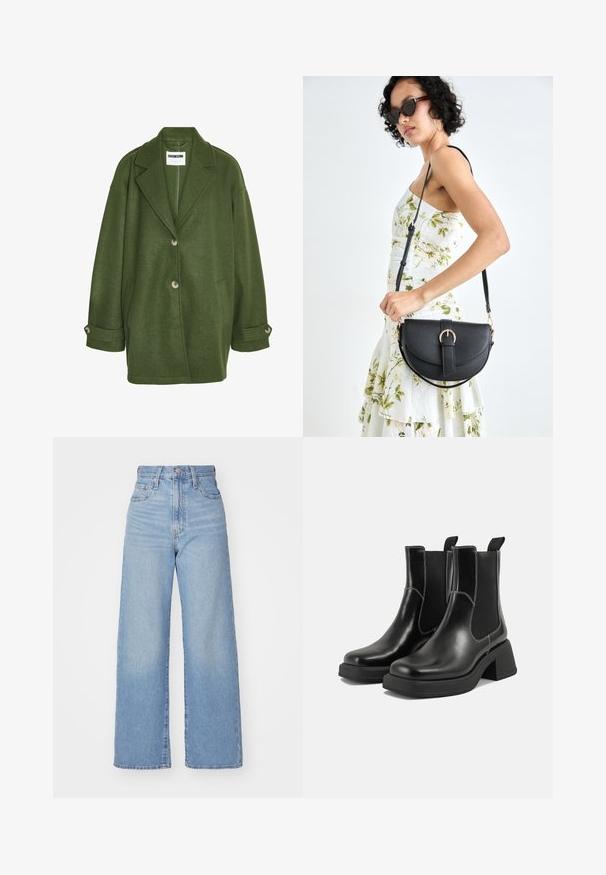 Roheline villa segune mantel, millel on lõhega krae, kaks eest taskut ja kolm nööpi. Omab lõdva istuvust ja rullitud varrukaid.; Heledsinine denim särk pika varrukaga, terava krae, kahe rinnatasku ja kontrastsete õmblustega. Omab läänest inspireeritud kätetõusu disaini.; Heledad sinine kõrge vöökohaga laiad teksad, ees nupp ja tõmblukk, ees ja taga taskud, valge tausta peal.; Must musta Chelsea saapad, millel on paks konts, elastsed külgpaneelid ja kontrastne valge õmblus. Tekstuuriga viimistlus.; Mustmust mustraha kõverate joontega, eemaldatava rihmaga ja kuldsete detailidega. Kotil on klapp, millel on pandladetail.