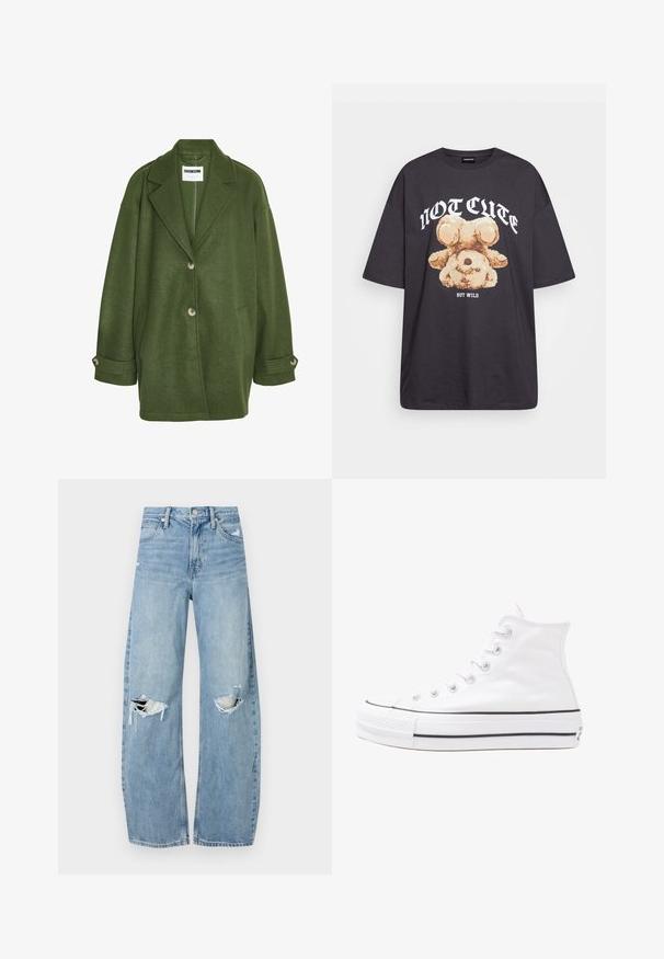 Vihreä villasekoitekot, jossa on lovettu kaulus, kaksi etutaskua ja kolme nappia. Ominaisuuksiin kuuluu väljä leikkaus ja käärityt hihansuut.; Mustat ylisuurent-paidat, joissa on karhun grafiikka ja teksti "EI SULOINEN VAAN VILLI" rohkealla valkoisella fontilla. Puuvillamateriaali.; Vaaleansiniset, korkeavyötäröiset farkut, jotka on valmistettu denimmateriaalista. Ominaisuuksiin kuuluvat leveät lahkeet, kaksi revittyä polvialuetta ja klassinen viiden taskun tyyli.; Valkoiset korkeavartiset kangaskengät mustalla kumipohjalla, edessä kuminen varvasosa ja kuusi nauha-aukkoa, puhtaan minimalistisella muotoilulla.