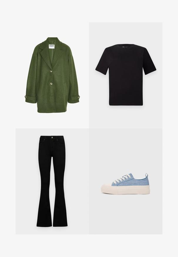 Green wool blend coat with a notched collar, two front pockets, and three buttons. Features a loose fit and rolled cuffs.; Black short-sleeve t-shirt with a round neckline, crafted from soft cotton fabric. Simple design, no visible logos or patterns.; Black high-waist jeans with a button and zip closure, front pockets, and flared legs laid flat on a white background.; Light blue canvas sneakers with a cream rubber toe cap and outsole, featuring white laces and a pull tab on the heel.