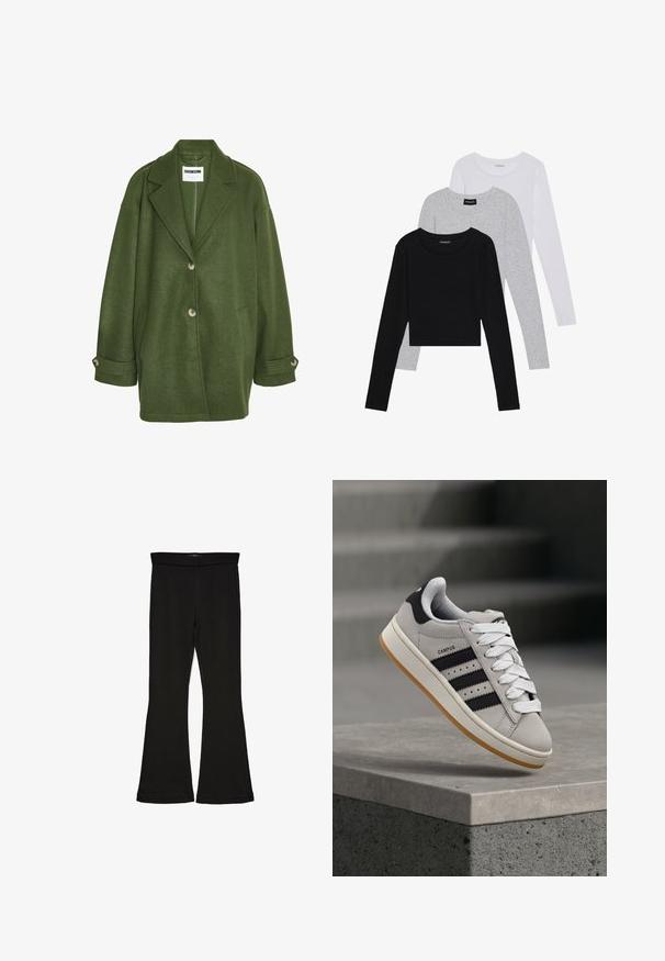 Zöld gyapjú keverék kabát, kivágott gallérral, két elülső zsebbel és három gombbal. Lazán illeszkedik, és feltekert mandzsettákkal rendelkezik.; Három hosszú ujjú póló egymásra rakva: fekete, szürke és fehér. Mindegyiknek kerek nyaka van, és rövidített fazonnal rendelkezik, sima, könnyű anyagból készült.; Fekete trapéz leggings rugalmas anyagból készült. Széles derékpánttal és sima textúrával rendelkezik, illeszkedő sziluettje van, amely a szegélyen kigyullad.; Szürke Adidas Campus sneaker fekete csíkokkal és fehér fűzőkkel, amely egy beton korlát felett lebeg, háttérben lépcsőkkel.
