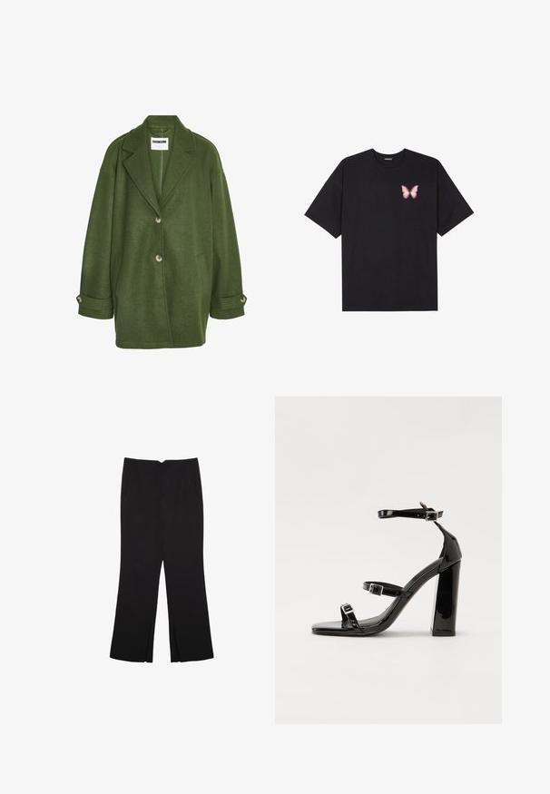 Zelena plašč iz volnene mešanice z zareznim ovratnikom, dvema sprednjima žepoma in tremi gumbi. Ima ohlapen kroj in zavite manšete.; Črna bombažna majica s kratkimi rokavi, ki ima majhen roza metuljček na levi strani prsnega dela. Majica s krožnim ovratnikom in sproščenim krojem.; Črne hlače ravnega kroja z naglavnimi žepi in stranskimi razporki na robu. Narejene iz mehke, gladke tkanine. Primerne za različne priložnosti.; Črne lakaste sandale z visokimi petami, z dvema trakovoma z zaponkama, kvadratnim sprednjim delom in masivno širšo peto, z gladko, sijočo teksturo.