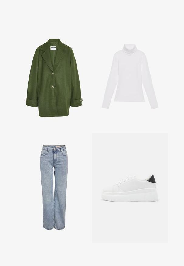 Zelena plašč iz volnene mešanice z zareznim ovratnikom, dvema sprednjima žepoma in tremi gumbi. Ima ohlapen kroj in zavite manšete.; Bela dolga majica s turtleneck ovratnikom, izdelana iz gladke, raztegljive tkanine. Ima visok ovratnik in prilega telesu, brez vidnih vzorcev ali okrasitev.; Svjetloplave široke traperice od denima, sa visokim strukom, dizajnom s pet džepova i suptilnim blijeđenjem za izgled nakon nošenja.; Bele platform tenisice izdelane iz gladkega sintetičnega materiala, z zaobljenim prstom, sistemom vezalk in teksturiranim gumijastim podplatom. Črn dodatek na peti.