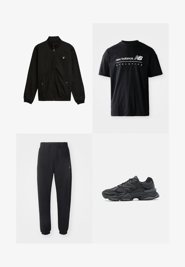 Zwarte nylon zip-up jack met een hoge kraag, elastische manchetten, twee voorzakken en een klein geel logo op de borst.; Zwarte katoen t-shirt met een ronde hals, korte mouwen en witte tekstgraphics van "new balance" en "ATHLETICS" op de voorkant.; Zwarte joggingbroek van zacht materiaal met een elastische tailleband, trekkoord en taps toelopende manchetten, met een subtiele logo aan de zijkant.; Zwarte hardloopschoen met een mix van mesh en synthetische materialen, een stevige zool, gebogen ontwerp en prominente branding op de zijkant.