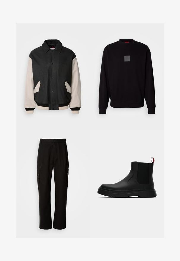 HUGO LIMER - Bomberjacka - black; Svart sweatshirt med lång ärm, rund halsringning, en grå fyrkantig logotyp på framsidan, mjuk textur och ribbade mudd- och slutkanter.; Svarta cargobyxor i bomull med avslappnad passform, utrustade med sidofickor, knapplås och raka ben. Enkelt design utan mönster.; Svarta ankelstövlar med en slät yta, elastiska sidopaneler och en kontrasterande röd dragflik, med en tjock gummisula och rund tå.