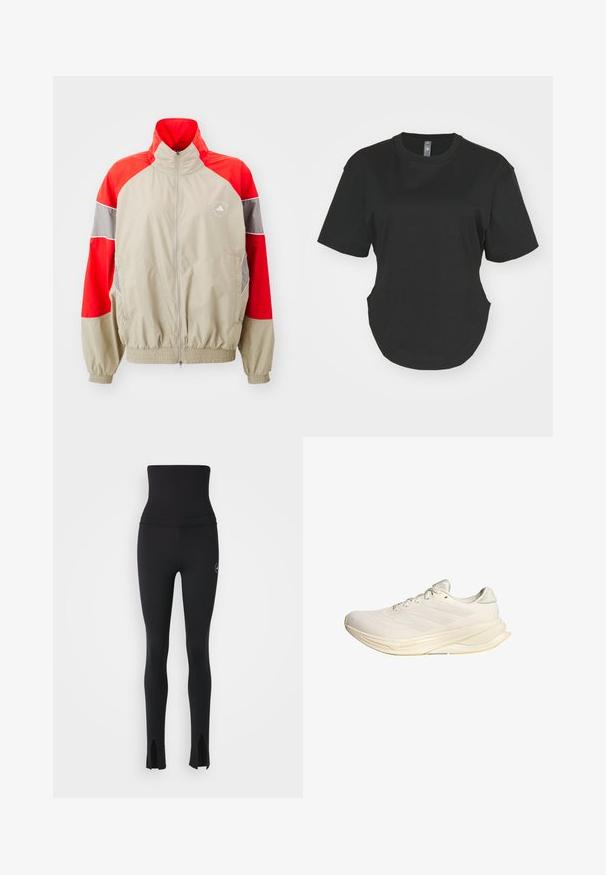 adidas by Stella McCartney TRACKTOP - Treningsjakke - desert sand/active red; Svart T-skjorte med kort erme laget av bomull. Rund hals med buet kant og sidespalter. Glatt tekstur, avslappet passform.; adidas by Stella McCartney Tights - black; Lys beige treningsko med mesh-overdel, flate snøring og polstret såle. Har tre striper design på siden.
