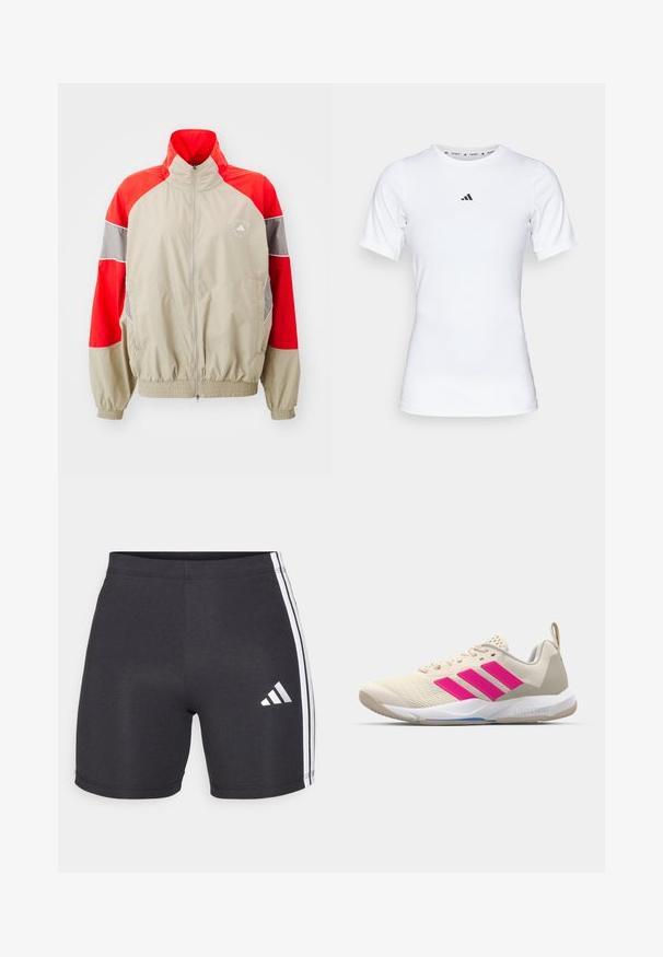 adidas by Stella McCartney TRACKTOP - Sportinė striukė - desert sand/active red; Balta sportinė maikutė trumpomis rankovėmis, pagaminta iš lygaus, elastingo audinio. Ant krūtinės yra mažas juodas Adidas logotipas.; Juodi sportiniai šortai, pagaminti iš elastingos medžiagos, su baltais šoninėmis juostelėmis ir "Adidas" logotipu apatinėje dešinėje kojos pusėje. Lygi tekstūra.; Bežiniai sportiniai bateliai su rožinėmis trimis juostomis, tekstūruota tinklelio viršutinė dalis, paminkštinta apykaklė ir balta guma neslystančia padu, turintys "LIGHTSTRIKE" prekės ženklą.