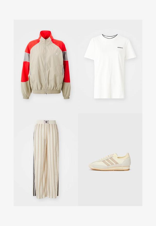 adidas by Stella McCartney TRACKTOP - Treniņjaka - desert sand/active red; Balta kokvilnas T-krekls ar īsām piedurknēm un apļveida kakla izgriezumu. Piedāvā melnu Adidas logotipu uz krūtīm un kontrastējošu melnu iekšējo apkakli.; Krēmbalti plaša piegriezuma bikses ar zigzaga rakstu, ar melnu logotipa jostu un melnām sānu svītrām. Viegls, teksturēts audums.; Krēma krāsas sporta apavi ar trim beiga joslām, izgatavoti no zamša un tekstila materiāliem, ar fakturētu zoli un iegravētu zīmolu uz papēža.