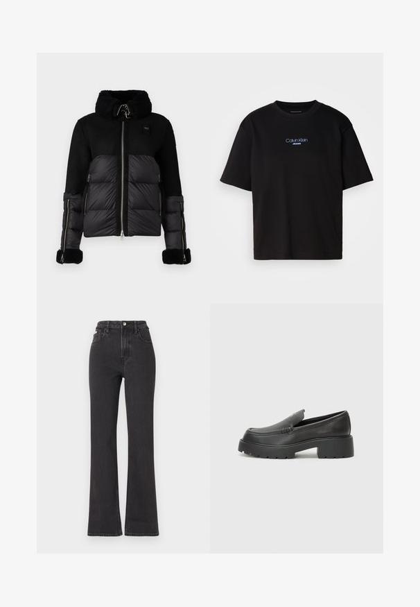 Blauer DANA - Untuvatakki - nero; Musta puuvillainen t-paita, jossa on pyöreä kaula-aukko, lyhyet hihat ja sininen brodeerattu "Calvin Klein JEANS" -logo edessä.; Mustat korkeavartiset leveälahkeiset farkut, jotka on valmistettu denimistä. Varustettu nappikiinnityksellä, vyölenkeillä ja sivutaskuilla. Tasainen rakenne, jossa on minimaalista haalistumista.; Musta nahkakengät, joissa on pyöristetty kärki, paksu teksturoitu pohja ja vähäiset ompeluyksityiskohdat. Tyylikäs muotoilu, jossa ei ole näkyviä nauhoja tai metalliosia.