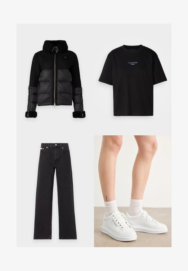Blauer DANA - Pūkinė striukė - nero; Juodas medvilnės marškinėliai su apykakle, trumpomis rankovėmis ir mėlynai siuvinėtu "Calvin Klein JEANS" logotipu priekyje.; Juodos plačios kojų džinsai, pagaminti iš džinsinio audinio, su aukštu liemeniu, penkių kišenių stiliumi ir metaline sagte su kontrastingo siuvimo detalėmis.; Balti odiniai sportbačiai su lygiu paviršiumi, apvaliu pirštu ir plokščiu guma sukurti padu. Raišteliai matomi, o kojinių kraštai yra balti.