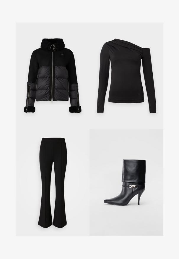 Blauer DANA - Dunjakker - nero; Sort langærmet top med asymmetrisk halsudskæring, der har én skulder eksponeret og blød drapering henover brystet.; Sorte flared bukser lavet af et strækbart materiale med en glat tekstur, der har sømdetaljer langs forsiden for ekstra design.; Sort læder ankelstøvle med spids tå, høj stiletto hæl, fold-over manchet og en guld dekoreret spænde detalje på anklen.