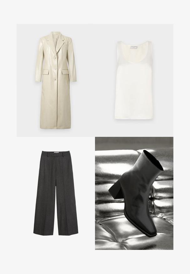 Crocodile pattern faux leather long coat, light beige, with notched lapels, two front pockets, and button closure. Smooth, shiny texture.; White satin sleeveless tank top featuring a round neckline and smooth texture, with subtle sheen and clean edges.; Wide-leg trousers in dark gray fabric. Features a tailored waistband with belt loops, smooth texture, and minimal stitching accents.; Black ankle boot made of glossy material with a square toe and tapered heel, set against a shiny silver tufted background.