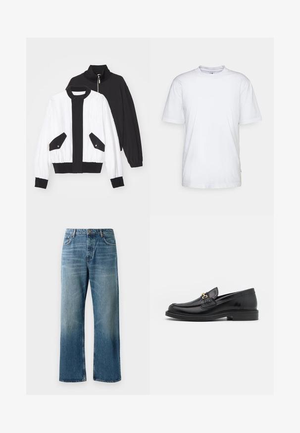 Juoda ir balta trumpa striukė su juodu užtrauktuku apykakle, dviem priekinėm kišenėm su snapeliu, ir švelnia apatine dalimi bei rankovėmis.; Balta medvilninė marškinėlių su apvalia iškirpte, trumpomis rankovėmis ir tiesiu kraštu. Ant kairiojo siūlės yra mažas prekės ženklo etiketė.; Šviesiai mėlyni plačiai šlifuoti džinsai su išblukusiu plovimu, turintys vieno mygtuko užsegimą, penkias kišenes ir kontrastingus siūlus.; Juodos odinės loafer tipo bateliai su apvaliuku, su auksinėmis detalėmis ir siuvinėjimo akcentais, įrengti ant žemos, tekstūruotos gumos pado.