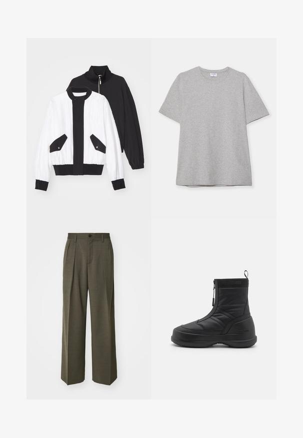 Fekete-fehér cropped dzseki, fekete cipzáras gallérral, két elülső zsebbel, patentgombokkal, valamint bordás szegéllyel és mandzsettákkal.; Szürke, rövid ujjú póló, puha, texturált anyagból készült. Klasszikus környakú és egyenes fazonú, alkalmas hétköznapi viseletre.; Filippa K WIDE TROUSERS - Nadrágok - driftwood; Fekete vízálló hócipő sima szintetikus felsőrésszel, cipzáras záródással, párnázott gallérral és barázdált gumitalppal. A "MOON BOOT" márkázás emeli ki.