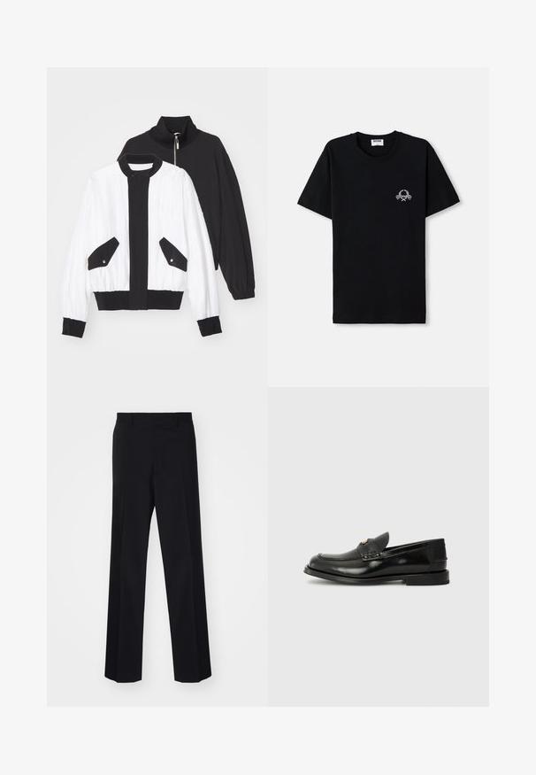 Čierno-biely skrátený kabát s čiernym zipsovým golierom, dvoma prednými vreckami so cvokmi a ribbed lemom a manžetami.; Čierne bavlnené tričko s okrúhlym výstrihom. Má malý biely grafický dizajn na hrudi. Krátke rukávy a rovný lem.; Čierne tailored nohavice s širokým strihom, s hladkou textúrou a ostrými záhybmi, vyrobené z tkaného materiálu.; Čierne kožené loafery s okrúhlym špičkou, dekoratívnym prešívaním a malým predným klapkou. Plná gumová podrážka s minimálnym podpätkom.