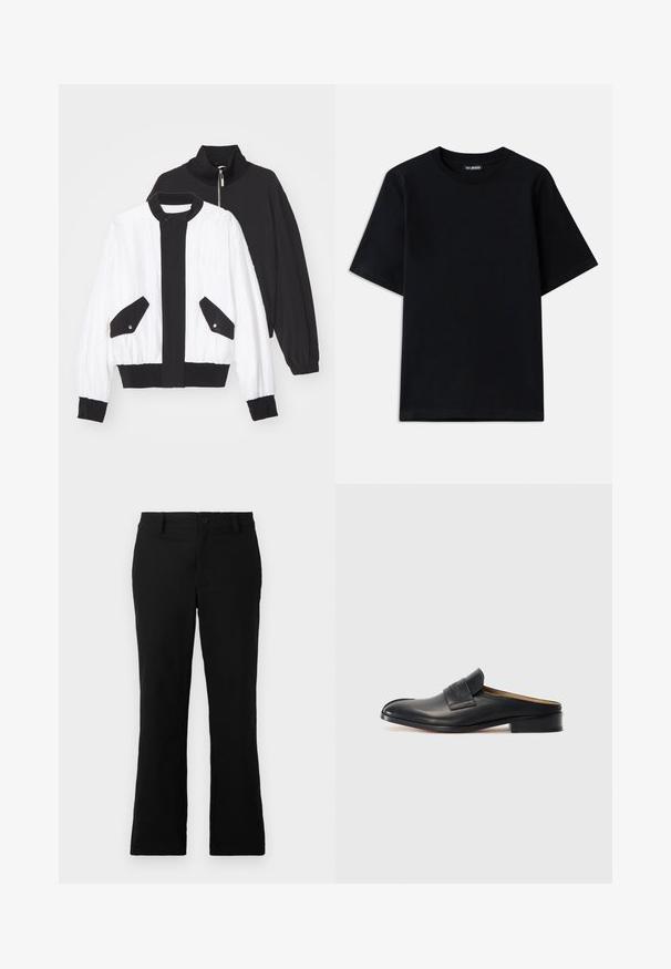 Musta-valkoinen lyhyt takki, jossa on musta vetoketjukuulu, kaksi etutaskua, joissa on nepparit, sekä ribattua helmaa ja hihansuita.; Musta puuvillapaita, jossa on pyöreä kaula-aukko ja lyhyet hihat. Vasen rintatasku on koristeltu hillityllä logopistolla. Tasainen ja sileä pinta.; Mustat levenevät housut, jotka on valmistettu puuvillasekoitekankaasta. Housuissa on nappikiinnitys, vyölenkit ja sileä rakenne ilman näkyviä kuvioita.; Musta nahkainen slip-on-kengät, joissa on pyöristetty kärki, matala korko ja etuolka. Suora pinta, jossa on hienovarainen logoyksityiskohta hihnassa.