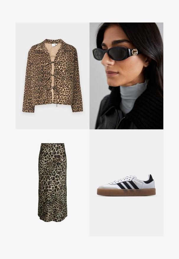 Giacca a stampa leopardata, tessuto morbido, forma squadrata, maniche lunghe, colletto, chiusura anteriore con nodo, tonalità calde di marrone e nero, texture liscia.; Camicia bianca con colletto a punta, maniche lunghe e un piccolo logo blu sul lato sinistro del petto. Realizzata in tessuto di cotone.; Gonna midi con stampa leopardata in tessuto setoso. Caratterizzata da una superficie liscia, sfondo beige neutro con macchie marroni scure e nere.; Sneakers bianchi in pelle con strisce nere, suola in gomma naturale, punta tonda, chiusura con lacci e cappuccio in suede grigio morbido.; Occhiali da sole neri con una montatura rettangolare elegante e un accento del logo dorato sul lato. Le lenti scure e la finitura lucida sono evidenti.; Borsa a tracolla in pelle bianca con chiusura in tonalità oro, dettagli neri, tracolla removibile e design strutturato con chiusura a pattina.; Singularu DROP - Orecchini - gold-coloured