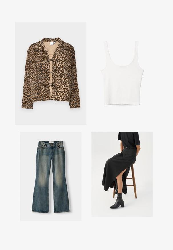 Leopardmönstrad jacka, mjukt tyg, fyrkantig form, långa ärmar, krage, framknutning, varma toner av brunt och svart, slät struktur.; Vit bomullstopp med rundad halsringning, utan ärmar och en åtsittande form. Slät textur, enkel design och minimala sömnadsdetaljer.; Blå utsvängda jeans med en blekt tvätt, fem fickor och knappstängning. Materialet visar en denimstruktur med subtila sömdetaljer.; Svart lin maxi kjol med hög slits, bärs med en svart t-shirt och svarta ankelstövlar. Minimalistisk design med en lös passform.