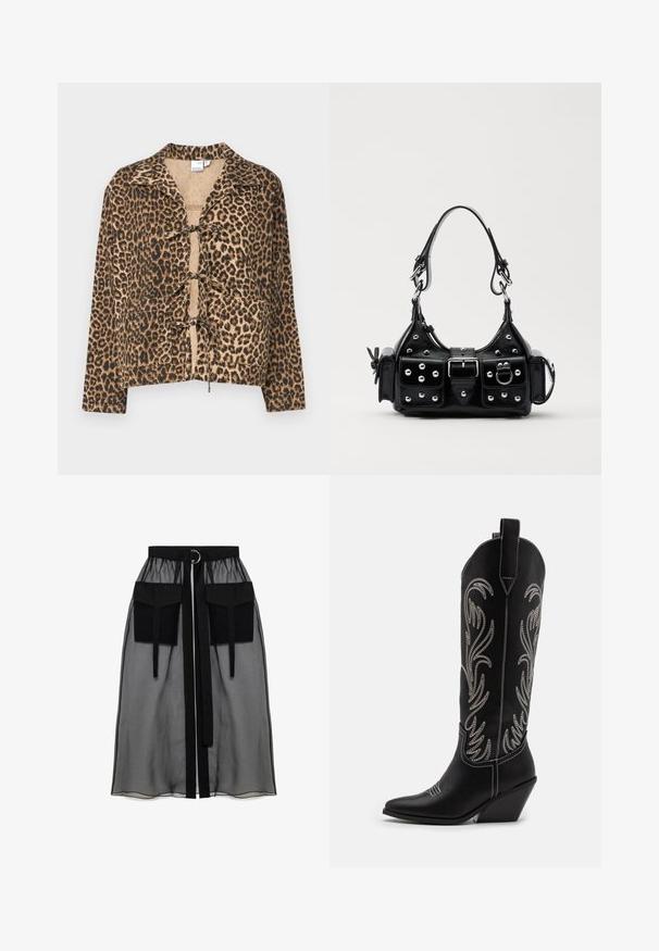 Luipaardprint jack, zachte stof, boxy vorm, lange mouwen, kraag, sluiting met voorste knoop, warme tinten van bruin en zwart, gladde textuur.; Zwarte lange mouw top gemaakt van doorzichtig materiaal, met een ronde halslijn, een knoopsluiting aan de voorkant en golvende randen bij de mouwen.; Zwarte doorschijnende rok met een verzameld tailleband, voorzien van twee grote voorzakken, een tailleband met strik en een ronde metalen accent.; Zwarte leren cowboylaarzen met spitse neuzen, wiggenhakken en zilver geborduurde bloemmotieven langs de schacht. Contrasterende stiksels overal.; Zwarte lederen handtas met een gebogen ontwerp, voorzien van zilveren studs, een gesp en twee zijvakken. Verstelbare schouderband voor verschillende draagmogelijkheden.