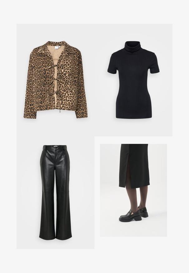 Jacke mit Leopardenmuster, weicher Stoff, kastiger Schnitt, lange Ärmel, Kragen, vorderer Bindeschluss, warme Brauntöne und Schwarz, glatte Textur.; Schwarzes geripptes Rollkragenoberteil, kurze Ärmel, figurbetontes Design, weiche Textur, minimale Nähte und ein hoher Kragen.; ONLY Tall ONLSMOOTH WIDE - Stoffhose - black; Schwarze Lederschuhe mit abgerundetem Zeh, dicker Blockabsatz und elastischen seitlichen Akzenten, kombiniert mit dunklen Strumpfhosen und einem schwarzen Rock mit Schlitz.