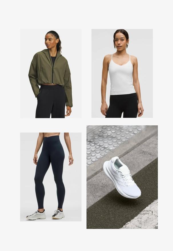 Kort, olivgrön jacka med huva, med en dragkedja fram och långa ärmar. Matchad med svarta, joggingsbyxor med elastisk midja.; Vit linne med tunna axelband, v-ringad design och figurnära silhuett. Slät textur, minimal detaljer, bärs med svarta leggings.; Höga marinblå leggings tillverkade av stretchy tyg, med en mjuk yta och en åtsittande design. Bärs med vita och svarta sportskor.; Vitaid idrottssko med mesh-överdel, snörning och texturerad sula. Diskret branding och sömlösa konstruktionsdetaljer synliga.