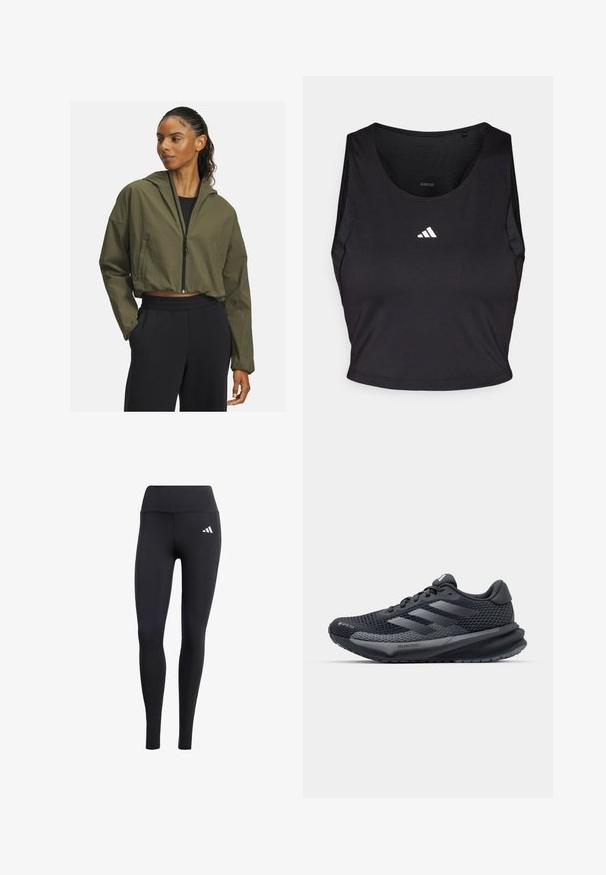 Giacca verde oliva, tagliata, con cappuccio, caratterizzata da una zip frontale e maniche lunghe. Abbinata a pantaloni da tuta neri con vita elastica.; Crop top sportivo nero realizzato in tessuto traspirante, con collo rotondo, senza maniche e logo bianco sul petto.; Leggings neri realizzati in materiale elastico, con una vita alta e un piccolo logo bianco, caratterizzati da una finitura liscia e opaca.; Scarpa da ginnastica nera con parte superiore in rete testurizzata, dettagli riflettenti, suola ammortizzata e design affusolato. Presenta il logo a tre strisce.
