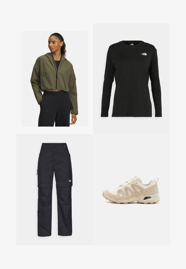 Cropped, olive green jacket with a hood, featuring a front zipper and long sleeves. Paired with black, elastic-waist sweatpants.; Black long-sleeve t-shirt made of cotton with a round neck. Features a small white logo on the left chest area. Simple design and fit.; Black nylon zip-off cargo trousers with adjustable cuffs, multiple pockets, and a logo on the right leg. Smooth, lightweight texture.; Beige and cream athletic shoe with textured mesh upper, supportive overlays, and rubber outsole featuring a tread pattern for traction.