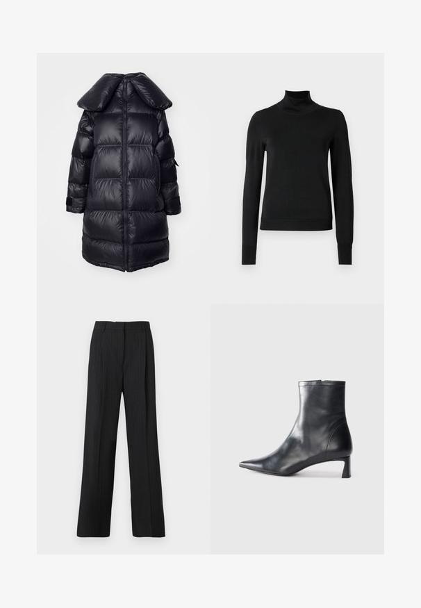 Črna puhovka z velikim ovratnikom, ki vključuje prešite dele, osrednji zadrgo in elastične manšete. Gladka, sijoča tekstura tkanine.; Črni pulover s dolgimi rokavi in vratnikom, z rebrastimi манжетами in robom, prikazan na enobarvni beli podlagi.; Črne prugaste hlače z sproščenim krojem, z ravnim sprednjim delom, dvema stranskima žepoma in gladko teksturo tkanine.; Črne usnjene gležnjarje s šiljastim nosom in elegantnim dizajnom. Imajo nizko peto in zadrgo na zadnji strani. Gladka tekstura.