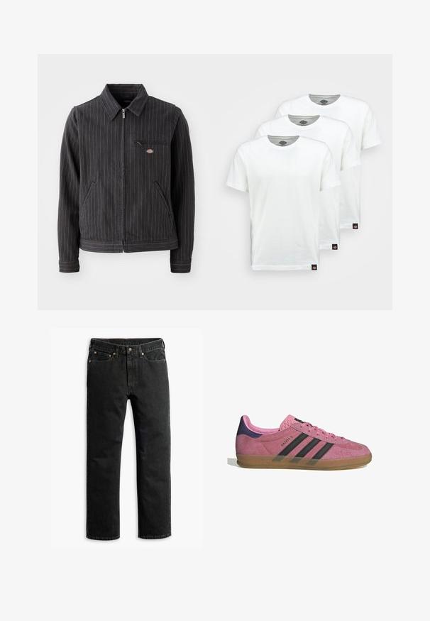 Juodas juostuotas švarkas, pagamintas iš tvirto audinio. Yra apykaklė, užtrauktukas, priekinės kišenės ir mažas logotipas ant krūtinės kišenės.; Trys paprasti balti medvilniniai marškiniai trumpomis rankovėmis. Kiekvienas marškinys turi apvalų kaklo iškirpimą ir mažą juodą logotipo etiketę kairėje pusėje.; Juodi tiesūs džinsai su penkiomis kišenėmis, diržo kilpomis ir sagos uždarymu juosmens srityje, padėti ant baltos fono.; Rožiniai suediniai sportbačiai su juodomis juostelėmis, gumos padas ir tekstūruotas purpurinis kulnas. Yra šnarančios auselės ir įspaustas prekės ženklas šone.