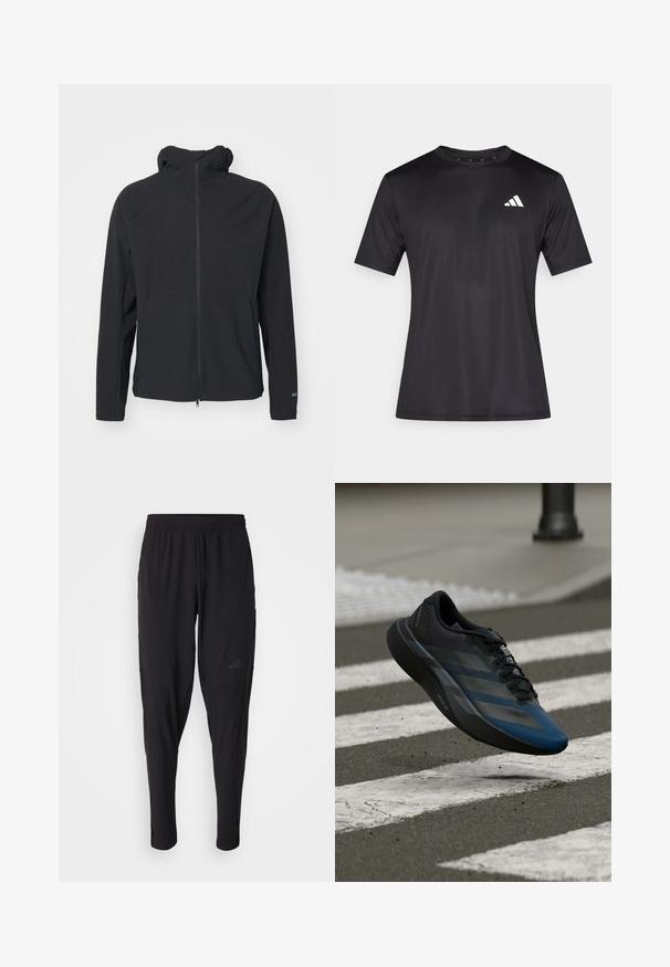 Crna jakna s patentnim zatvaračem i kapuljačom, izrađena od glatkog, fleksibilnog materijala. Ima duge rukave i minimalistički dizajn bez ukrasa.; Crna sportska majica od laganog mrežastog materijala, s kratkim rukavima i bijelim logotipom na lijevoj strani prsa.; Crne sportske hlače s elastičnim pojasom, suženim dizajnom, bočnim džepovima i suptilnim logotipom. Izrađene od fleksibilne, prozračne tkanine.; Crna i plava sportska cipela sa zakrivljenim dizajnom, teksturiranom gornjom stranom, kontrastnim prugama i jastučićem u potplatu, lebdi iznad pločnika.