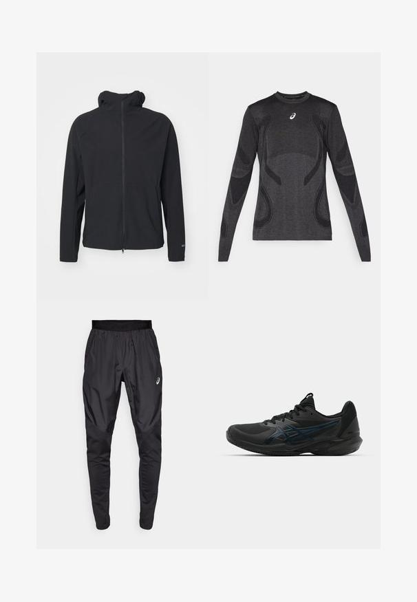 Černá zipová bunda s kapucí, vyrobená z hladkého, flexibilního materiálu. Má dlouhé rukávy a minimalistický design bez zdobení.; Dlouhý rukáv sportovní top v tmavě šedé barvě, s texturovanými designovými akcenty v světle šedé. Kulatý výstřih s logem na hrudi.; Černé sportovní kalhoty s elastickým páskem, bočními kapsami a kontrastními texturovými panely na nohavicích. Logo Asics na boku.; ASICS SOLUTION SPEED FF 3 CLAY - Tenisové boty na antuku - black/prism blue