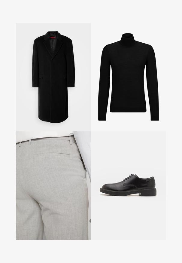 HUGO MALD - Klassikaline mantel - black; Musthave muströid ja pehmest materjalist must turtleneck, millel on pikad varrukad ja tihe istuvus. Ribaga ääris allservas ja vöökohal. Lihtne disain.; Heledat hallid kohandatud püksid tekstuurse kangaga, millel on üks tagatasku ja puhas õmblus.; Must beemel levalis kingad ümarate varvastega, sileda pinnaga, minimaalsete õmblustega ja madala kummist kontsaga. Logo kontsa peal.