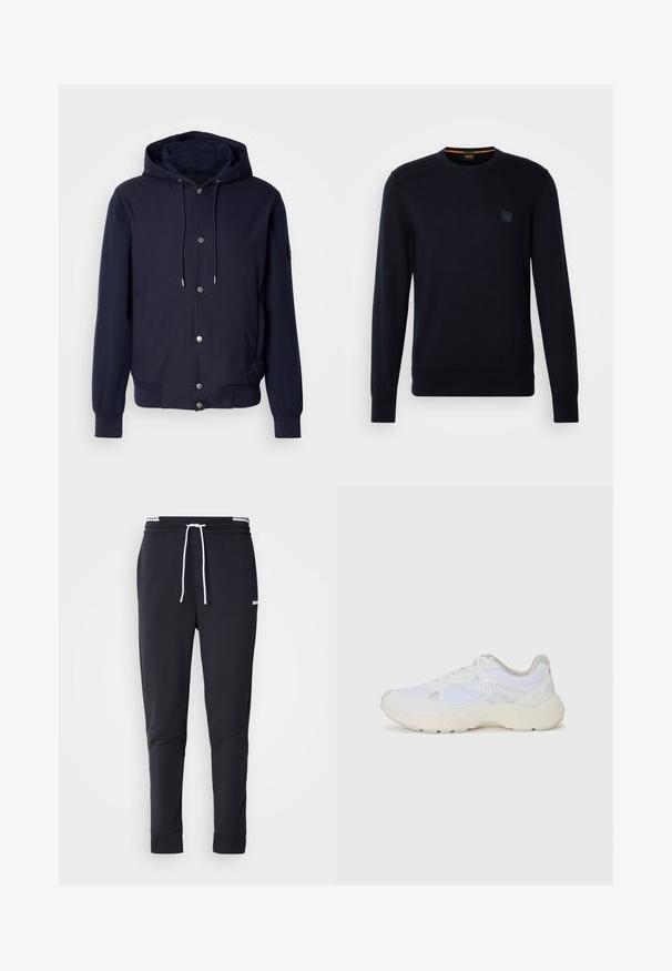 Marineblå hettejakke med frontknapper, snorjustering på hetten, ribbestrikkede mansjetter og sidelommer.; Marineblå strikkegenser med lange ermer, rund hals, ribbestrikkede mansjetter og nederkant, med et lite firkantet logo-patch på brystet.; Sorte slim-fit joggebukser med hvit snor, elastisk midjebånd med hvite striper, og en liten hvit logo på overlåret.; Hvit idrettssko laget av mesh og skinn, med en teksturert mellomsåle, teksturerte detaljer og "HUGO"-logo på siden.