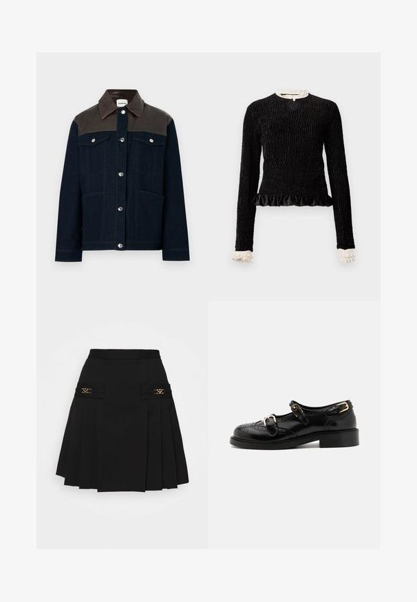 Jeansjacka med en mörkblå kropp, brunt läderaxelknytt, silverknappar, två bröstfickor och kontrasterande sömdetaljer.; Svart långärmad topp med texturerat tyg, volangkant och vita volanger vid kragen och ärmslut. Har en central snoddstängning.; Svart plisserad kjol med detaljer i guld. Har sidofickor med logotypdetaljer och är tillverkad av ett mjukt material. A-linjeform.; Svarta läderskor med broguedetaljer, utrustade med två spännen, rund tå och låg klack. Slät textur med glänsande finish.